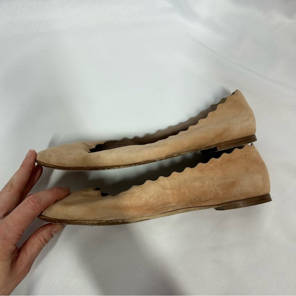 Chloé | Suede Nude Tan Flats Scalloped Women’s Size 39.5 - Picture 7 of 10